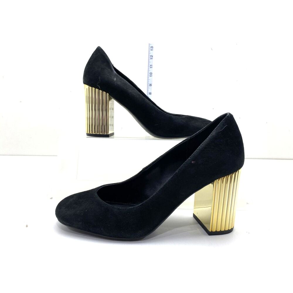 Michael Kors Black Suede Gold Block Heel Dress Pumps Shoes Women's Size 7M